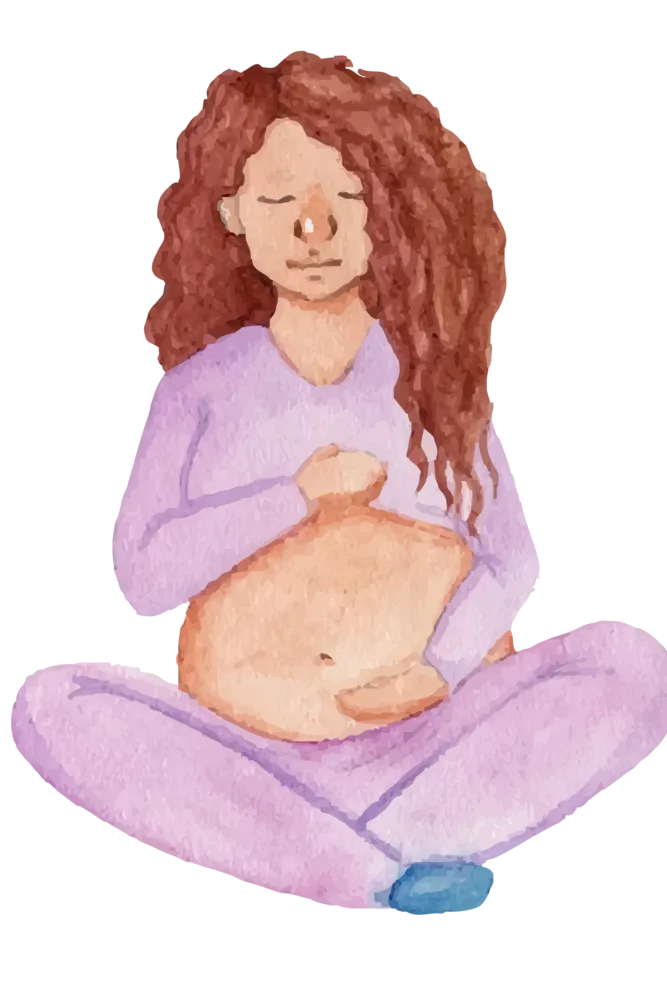 Ilustración en acuarela de una persona gestante sentada, sosteniendo su panza