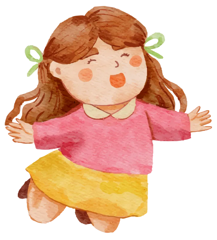 Ilustración en acuarela de una nena saltando y riéndose