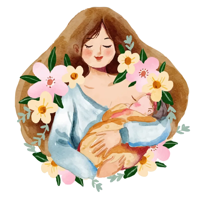 Ilustración en acuarela de una madre amamantando a su bebé, rodeada de flores