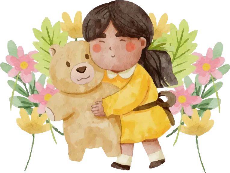 Ilustración en acuarela de una nena abrazando a su oso de peluche entre flores