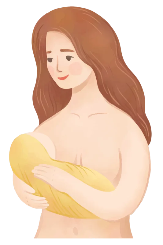 Ilustración en acuarela de una mujer sosteniendo a su bebé recién nacido envuelto