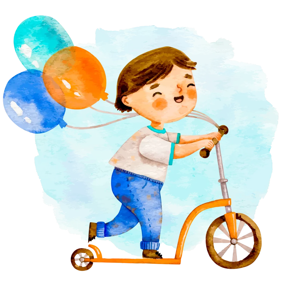 Ilustración en acuarela de un nene en monopatín con globos